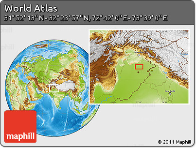 Physical Location Map of the Area around 32° 8' 5" N, 73° 10' 30" E