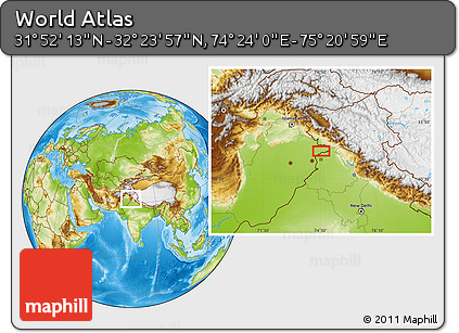 Physical Location Map of the Area around 32° 8' 5" N, 74° 52' 30" E