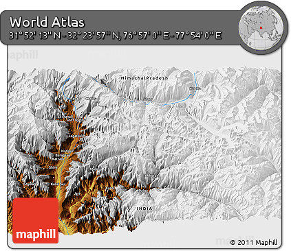 Physical 3D Map of the Area around 32° 8' 5" N, 77° 25' 30" E