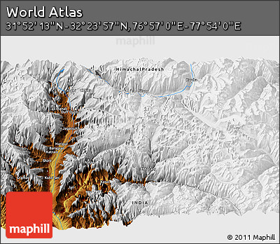 Physical 3D Map of the Area around 32° 8' 5" N, 77° 25' 30" E