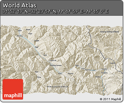 Shaded Relief 3D Map of the Area around 32° 8' 5" N, 78° 16' 30" E