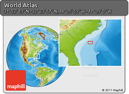 Physical Location Map of the Area around 32° 8' 5" N, 78° 7' 30" W