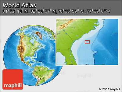 Physical Location Map of the Area around 32° 8' 5" N, 78° 7' 30" W