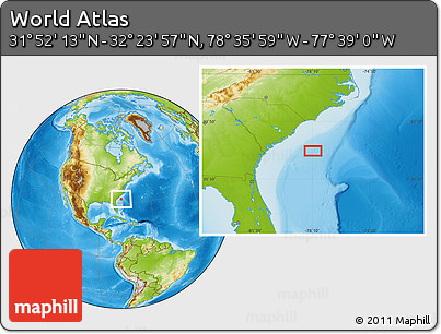 Physical Location Map of the Area around 32° 8' 5" N, 78° 7' 30" W