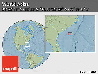 Savanna Style Location Map of the Area around 32° 8' 5" N, 78° 7' 30" W, hill shading