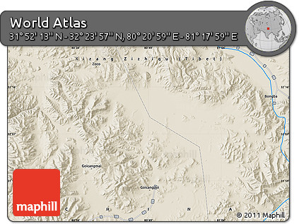 Shaded Relief Map of the Area around 32° 8' 5" N, 80° 49' 29" E