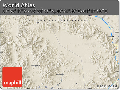Shaded Relief Map of the Area around 32° 8' 5" N, 80° 49' 29" E