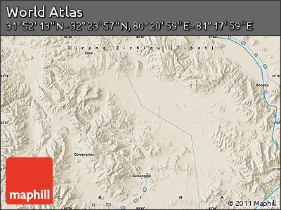 Shaded Relief Map of the Area around 32° 8' 5" N, 80° 49' 29" E
