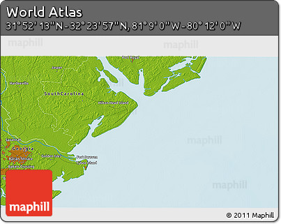 Physical 3D Map of the Area around 32° 8' 5" N, 80° 40' 30" W