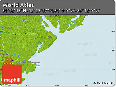 Physical Map of the Area around 32° 8' 5" N, 80° 40' 30" W