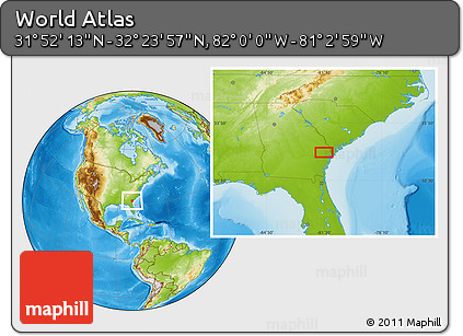 Physical Location Map of the Area around 32° 8' 5" N, 81° 31' 30" W