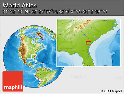 Physical Location Map of the Area around 32° 8' 5" N, 81° 31' 30" W