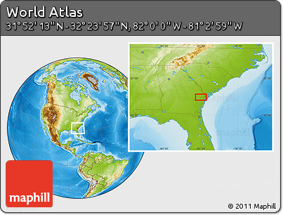 Physical Location Map of the Area around 32° 8' 5" N, 81° 31' 30" W