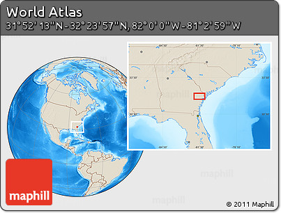 Shaded Relief Location Map of the Area around 32° 8' 5" N, 81° 31' 30" W
