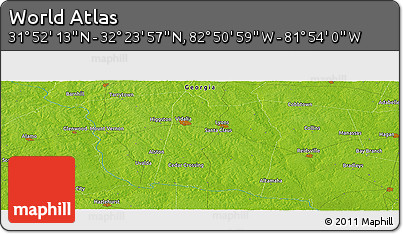 Physical Panoramic Map of the Area around 32° 8' 5" N, 82° 22' 30" W