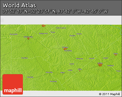 Physical 3D Map of the Area around 32° 8' 5" N, 83° 13' 29" W