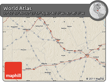 Shaded Relief Map of the Area around 32° 8' 5" N, 83° 13' 29" W
