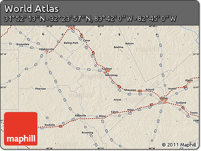 Shaded Relief Map of the Area around 32° 8' 5" N, 83° 13' 29" W