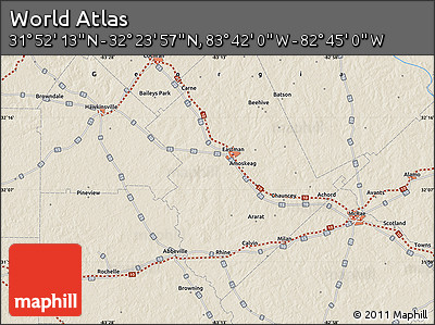 Shaded Relief Map of the Area around 32° 8' 5" N, 83° 13' 29" W