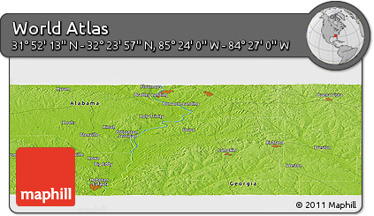 Physical Panoramic Map of the Area around 32° 8' 5" N, 84° 55' 30" W