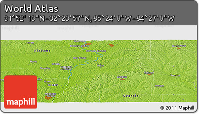 Physical Panoramic Map of the Area around 32° 8' 5" N, 84° 55' 30" W