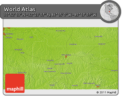 Physical 3D Map of the Area around 32° 8' 5" N, 85° 46' 30" W
