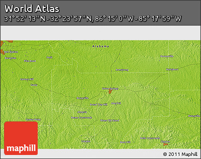 Physical 3D Map of the Area around 32° 8' 5" N, 85° 46' 30" W