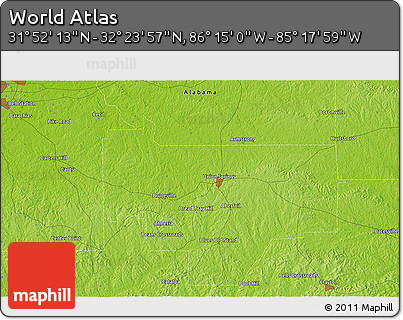 Physical 3D Map of the Area around 32° 8' 5" N, 85° 46' 30" W