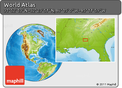Physical Location Map of the Area around 32° 8' 5" N, 85° 46' 30" W