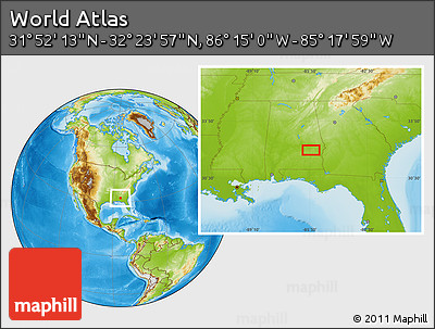 Physical Location Map of the Area around 32° 8' 5" N, 85° 46' 30" W