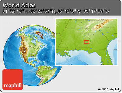 Physical Location Map of the Area around 32° 8' 5" N, 85° 46' 30" W