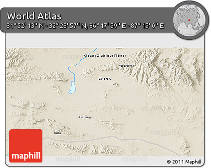 Shaded Relief 3D Map of the Area around 32° 8' 5" N, 86° 46' 30" E