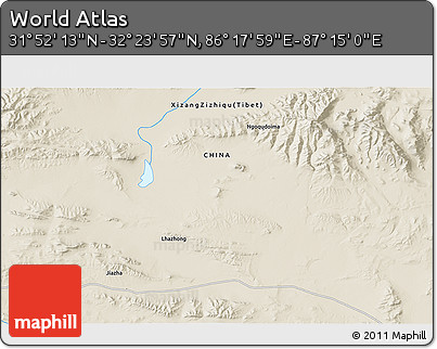 Shaded Relief 3D Map of the Area around 32° 8' 5" N, 86° 46' 30" E