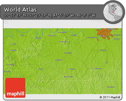 Physical 3D Map of the Area around 32° 8' 5" N, 86° 37' 30" W