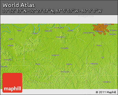 Physical 3D Map of the Area around 32° 8' 5" N, 86° 37' 30" W