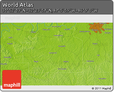 Physical 3D Map of the Area around 32° 8' 5" N, 86° 37' 30" W
