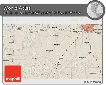 Shaded Relief 3D Map of the Area around 32° 8' 5" N, 86° 37' 30" W