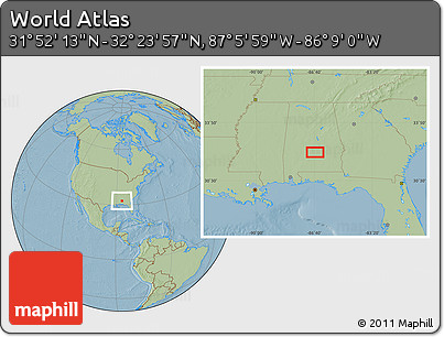 Savanna Style Location Map of the Area around 32° 8' 5" N, 86° 37' 30" W, hill shading