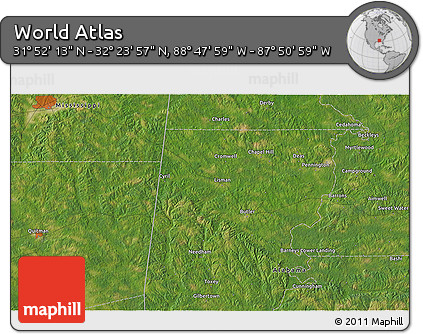 Satellite 3D Map of the Area around 32° 8' 5" N, 88° 19' 29" W
