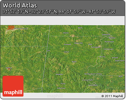 Satellite 3D Map of the Area around 32° 8' 5" N, 88° 19' 29" W