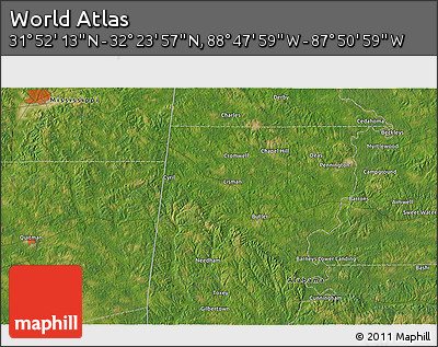 Satellite 3D Map of the Area around 32° 8' 5" N, 88° 19' 29" W