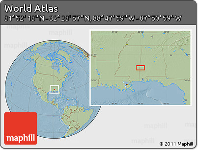 Savanna Style Location Map of the Area around 32° 8' 5" N, 88° 19' 29" W, hill shading