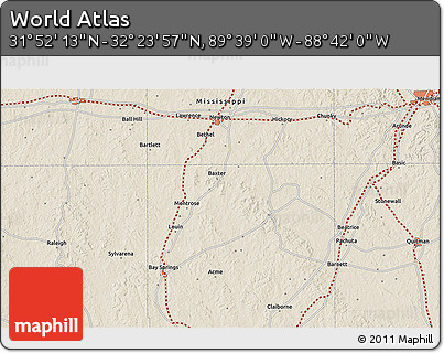 Shaded Relief 3D Map of the Area around 32° 8' 5" N, 89° 10' 30" W