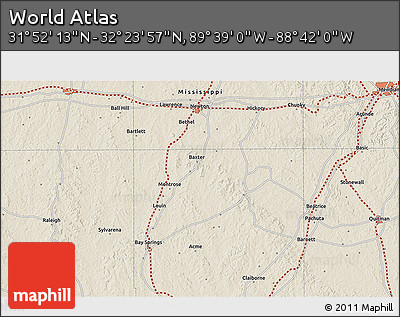Shaded Relief 3D Map of the Area around 32° 8' 5" N, 89° 10' 30" W