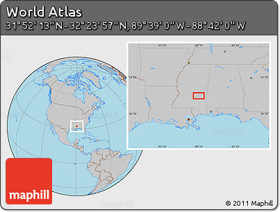 Gray Location Map of the Area around 32° 8' 5" N, 89° 10' 30" W