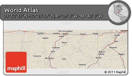 Shaded Relief Panoramic Map of the Area around 32° 8' 5" N, 89° 10' 30" W