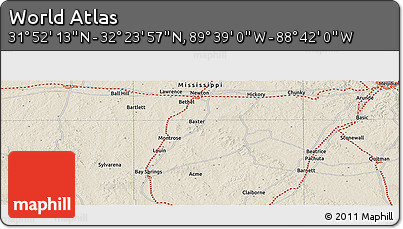 Shaded Relief Panoramic Map of the Area around 32° 8' 5" N, 89° 10' 30" W