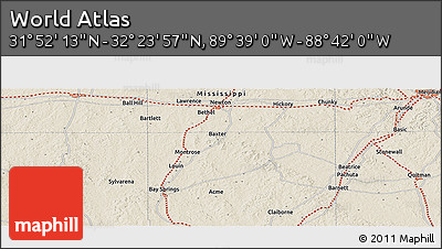 Shaded Relief Panoramic Map of the Area around 32° 8' 5" N, 89° 10' 30" W