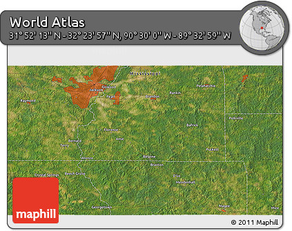 Satellite 3D Map of the Area around 32° 8' 5" N, 90° 1' 30" W