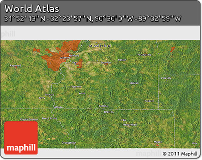 Satellite 3D Map of the Area around 32° 8' 5" N, 90° 1' 30" W